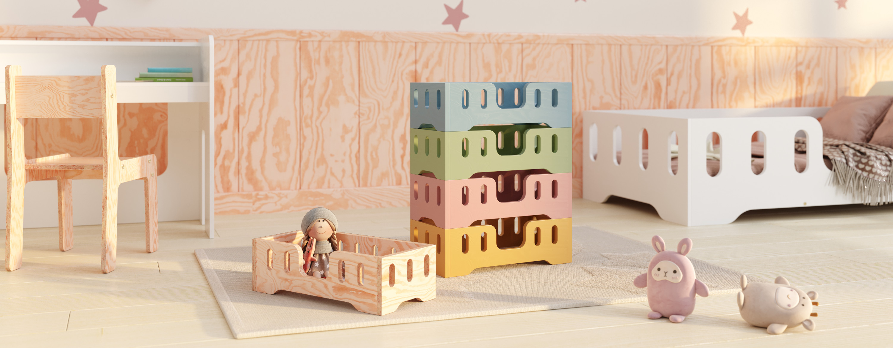 Drewniane łóżka dla lalek ze sklejki sosnowej w kolorach naturalnego drewna niebieskim zielonym różowym i musztardowym